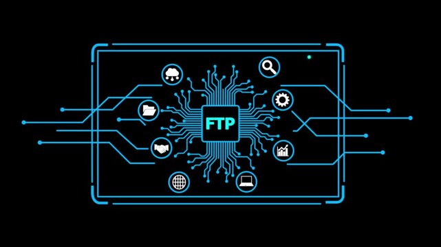 F T P File Transfer Protocol Concept with Circuit Board and on black Background technology data transfer.4k animation motion graphics video.