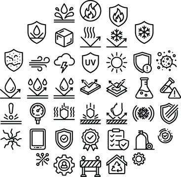 Material properties product features waterproof and industrial protection characteristics circular shape line icon set on white background.