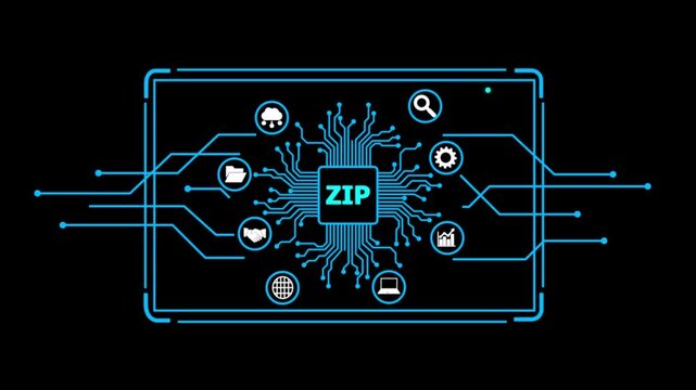 Z I P file concept with circuit board and representing digital data compression and transfer zip file.4k animation video.