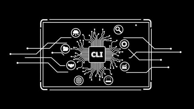 Command Line Interface C L I Technology Concept with Circuit Board and on black Background computer chip.4k motion graphics animation video.