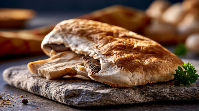 Fresh baked savory pastry on a rustic stone board with herbs baked goods freshly baked