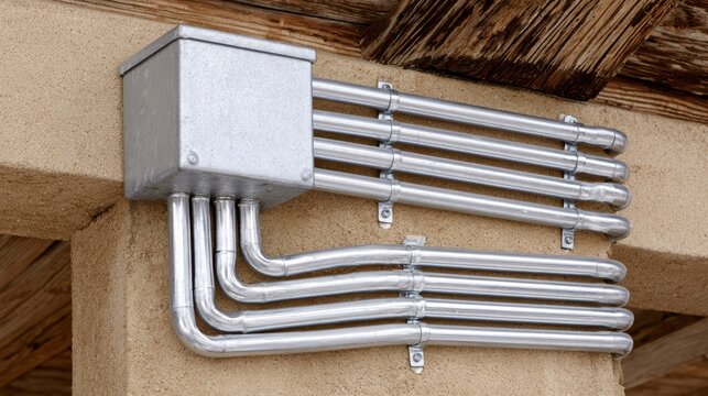 Metal electrical conduit pipes neatly arranged and attached to a wall, leading into a junction box under a thatched roof.