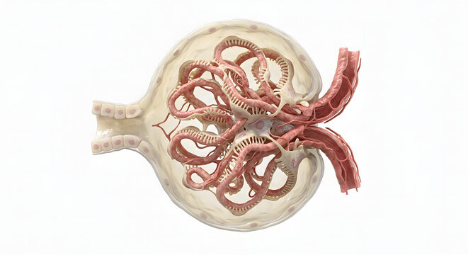 Detailed 3D Scientific Render of a Human Renal Glomerulus and Bowman's Capsule Isolated on White