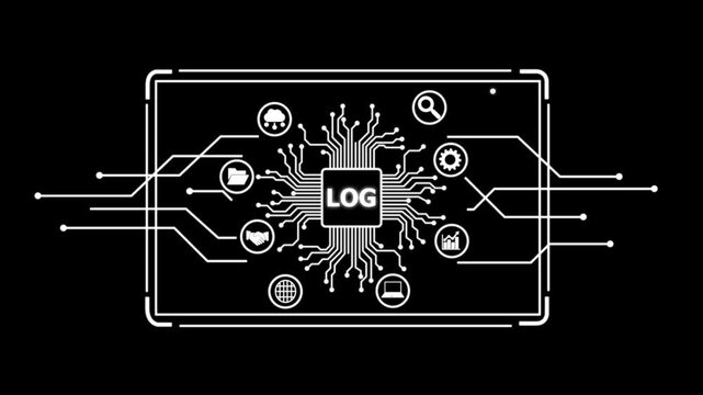 L O G on Circuit Board with Various Digital Symbols and Connections log circuit board technology innovation.4k animation video.
