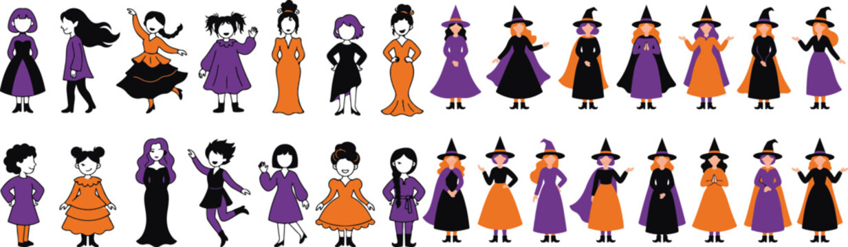 Set of halloween cartoon characters in various costumes and poses