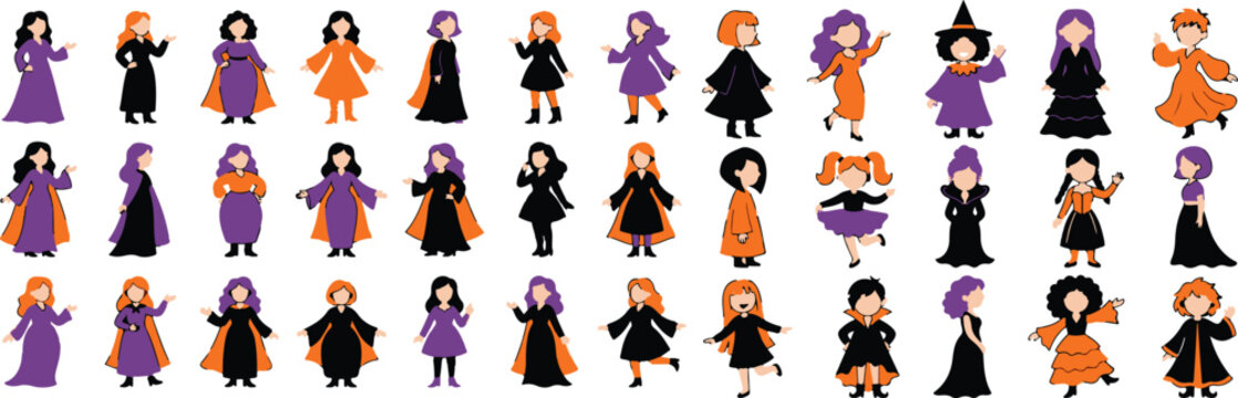 Set of halloween cartoon characters in various costumes and poses