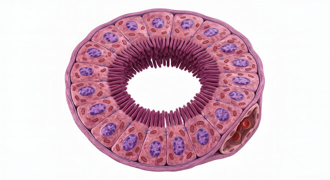 Detailed 3D Scientific Illustration of a Renal Tubule Cross-Section with Microvilli on White Background