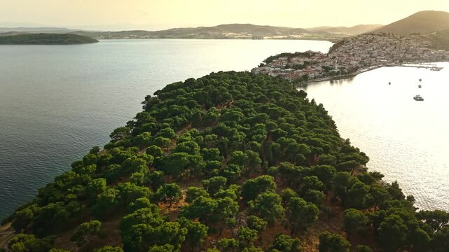 Aerial view of Ermioni peninsula in Greece at golden hour. Lush pine forest meeting a picturesque coastal town surrounded by calm Mediterranean sea water