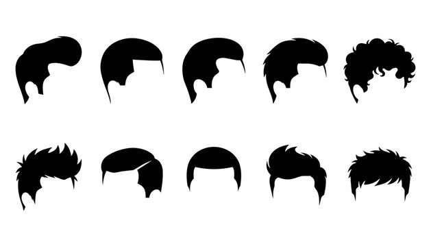 Haircuts Displayed in Various Styles and Shapes Featuring Silhouettes, Black, Hair with Design and Vector Elements