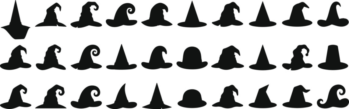 Set of halloween witch hats silhouettes for spooky decorations and designs