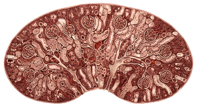 Highly Detailed Microscopic 3D Render of Human Kidney Cortex Tissue Cross-Section