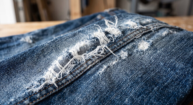 Vintage Distressed Indigo Denim Fabric Texture with Frayed White Cotton Threads