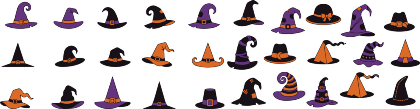 Set of halloween witch hats in purple black and orange for spooky decorations and costumes