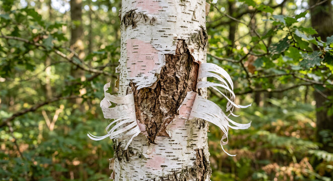 Peeling Silver Birch Tree Bark Texture with Curly Paper Layers and Details