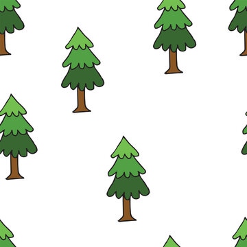 Seamless hand drawn pine tree pattern with soft green gradients. Playful nature repeat perfect for textiles, wrapping paper, branding, nursery decor, and surface design.