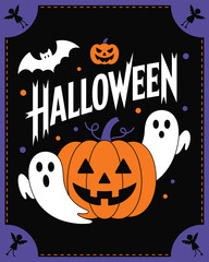 Fototapeta premium Grinning pumpkin and two white ghosts create a spooky Halloween scene with bats and text