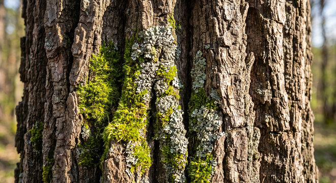 Rugged Oak Tree Bark Texture with Soft Green Moss and Lichen in Sun