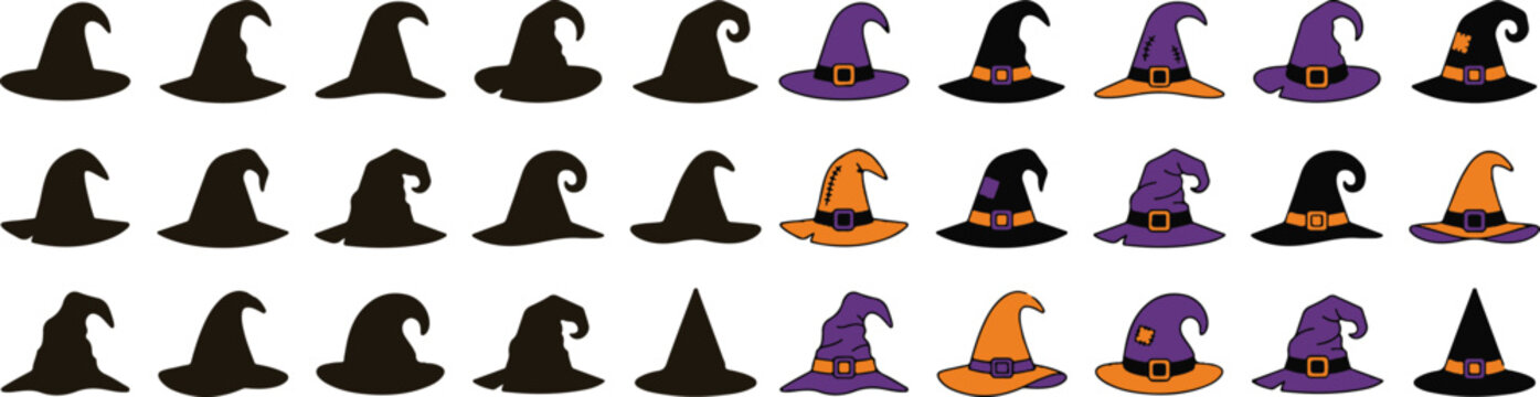 Set of halloween witch hats diverse collection for spooky season designs and decorations