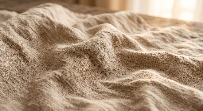 Coarse Wrinkled Oatmeal Linen Fabric Texture with Visible Flax Weave Fiber