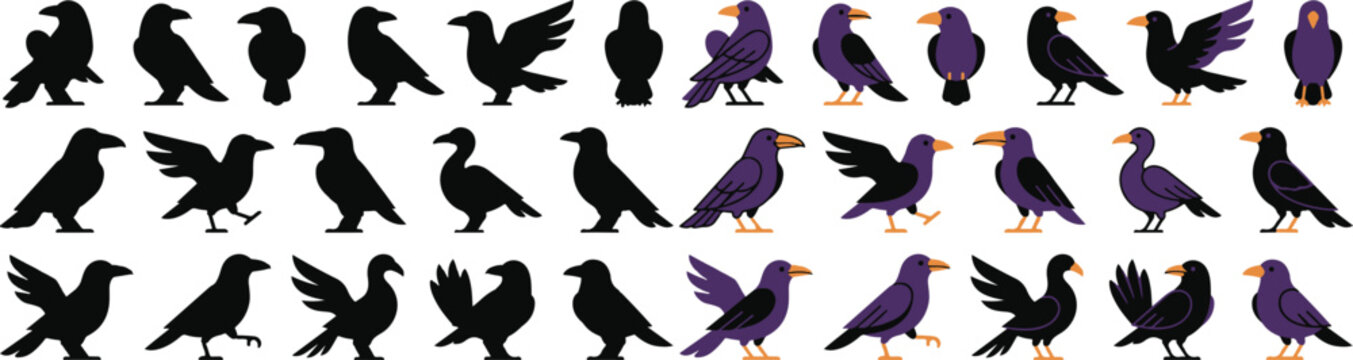 Set of halloween ravens and crows vector illustrations for spooky season designs