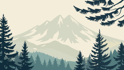 Stylized illustration of a mountain range and evergreen forest with a muted color palette alpine background branch © Mousumi