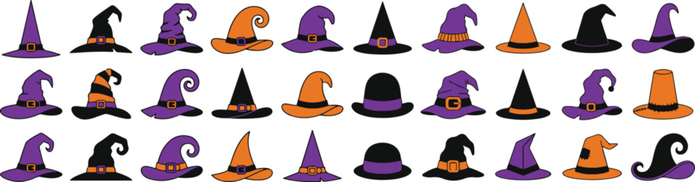 Set of halloween witch hats in purple black and orange for spooky decorations and costumes