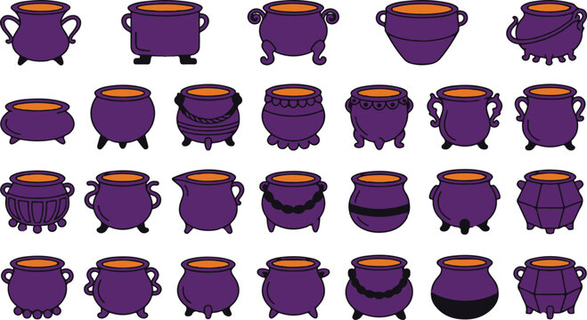 Set of halloween purple cauldron illustrations diverse designs for spooky season graphics