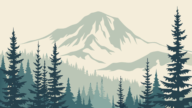 Stylized Mountain Landscape With Evergreen Trees Is A Vintage inspired Vector Illustration On A Cream Background alpine
