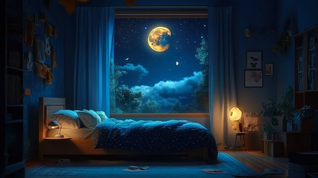 cozy bedroom at night with a bright moon and starry sky