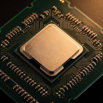 Blank computer processor on green circuit board close up