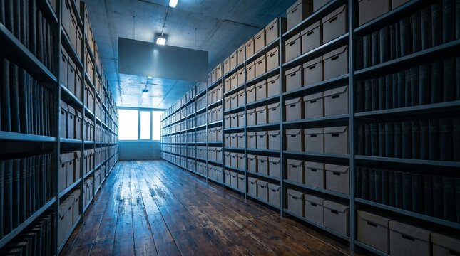 Archive storage room with blank sign, shelves and window light