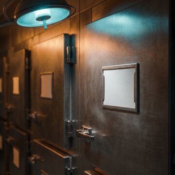 Mortuary cold chamber doors with empty name cards at night