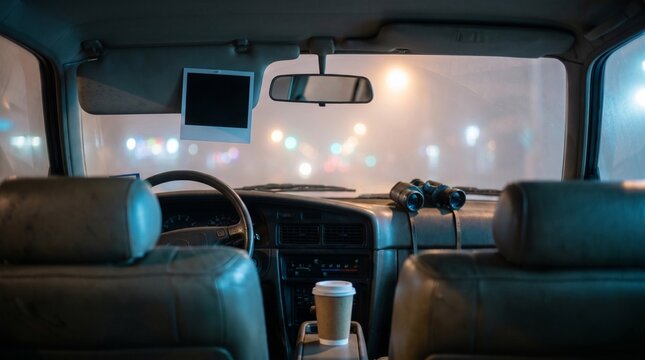 Blank instant photo in stakeout car on foggy night