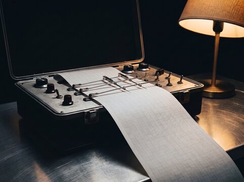 Lie detector test machine with empty graph roll on steel table