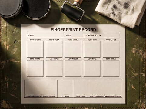 Fingerprint card template on worn green leather desk pad
