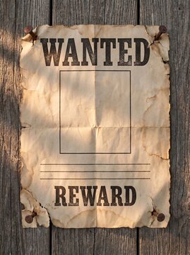 Old wanted reward poster nailed to rustic wood planks