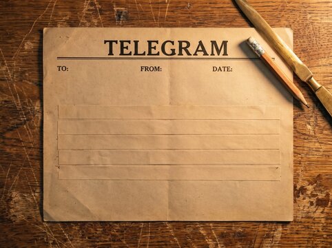Old telegram paper with pencil on scratched wooden table