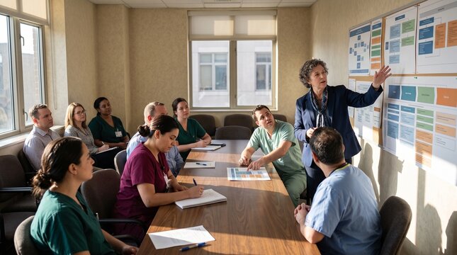 Clinical Director Explaining AI Care Governance In Sunlit Hospital Meeting