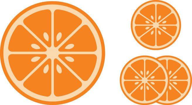 Flat of orange fruit slices with segmented pulp and seeds in shades of bright orange and light cream on a white background