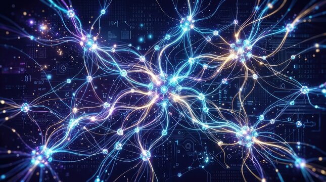 A digital network of glowing nodes and connections illuminates a dark background.