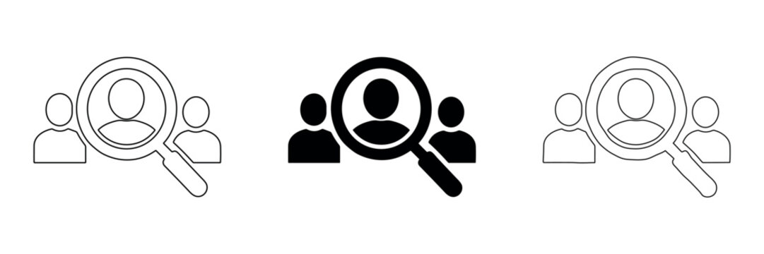 Magnifying glass over people icons representing search for candidates or employees