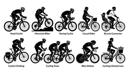 Obraz premium Bicycle Cycling Icon Set with Silhouetted Riders for Road Cycling, Mountain Biking, Racing, and Commuting Use