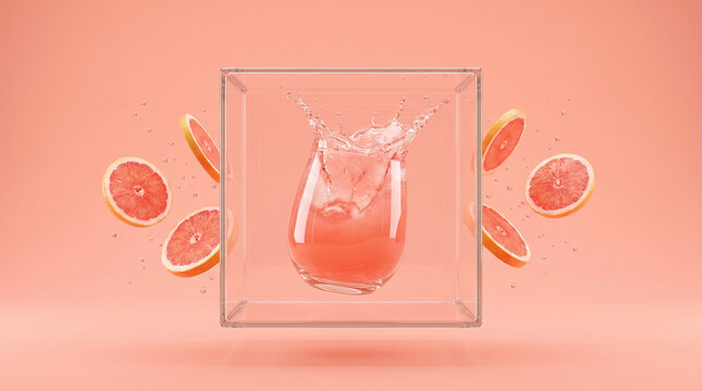 Glass of pink grapefruit juice with splashing liquid floating inside a transparent cube with slices