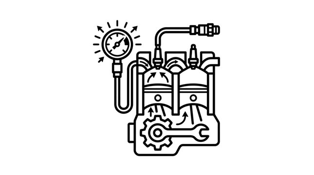 Creative Black and White Line Drawing of Engine with Pressure Gauge and Wrench Icon Set for Auto Repair or Mechanical Design