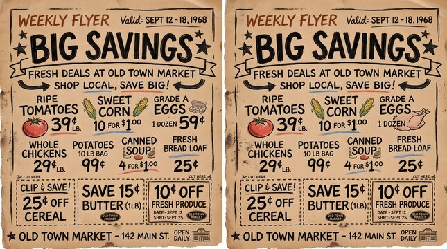 Vintage weekly flyer from 1968 for old town market with grocery specials.