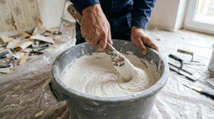 Fototapeta premium A worker mixing white plaster in a grey bucket with a wooden stirrer.