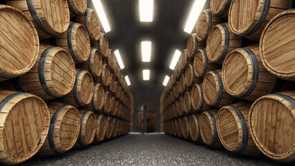 Obraz premium Wine cellar with stack of wooden barrels. 3D illustration