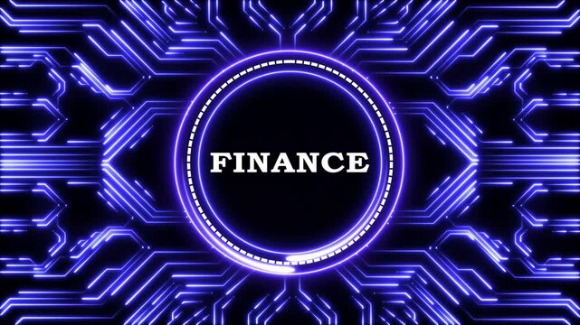 Futuristic digital finance concept with neon circuit board and glowing circle.
