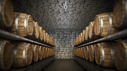Obraz premium Stocked wine barrels across two sides of corridor of a wine cellar. 3D illustration