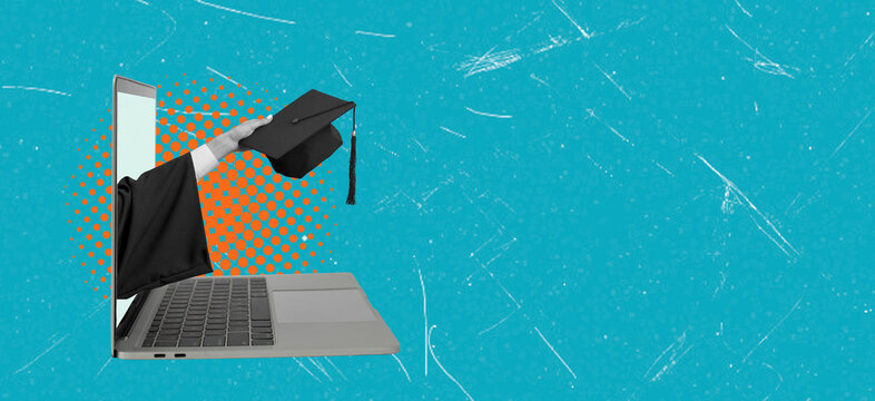 Art collage showing a hand in a graduation gown holding a cap while emerging from a laptop, representing online education and achievement in learning